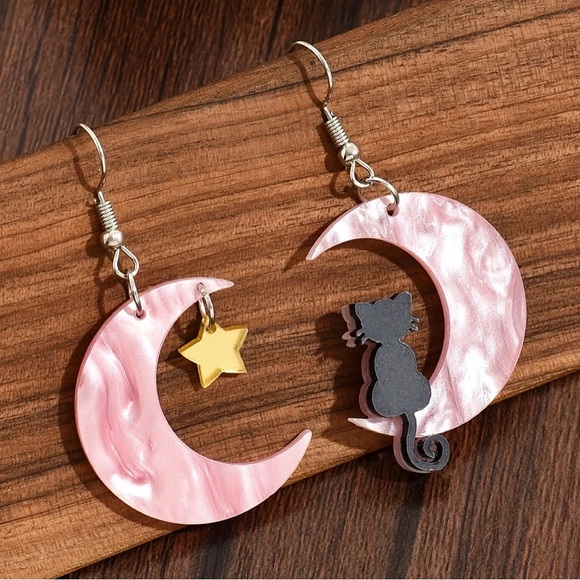Pink Crescent Moon, Black Cat Earrings - Picture 3 of 5